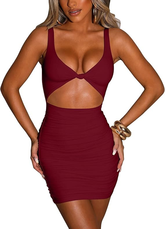 Kaximil Women's Sexy Bodycon Sleeveless Cut Out Ruched Tank Mini Club Party Dresses | Amazon (US)