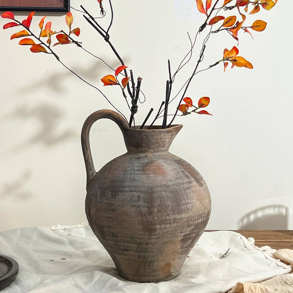 Rustic Ceramic Farmhouse Vase with Handle, 8.7 Inch Brown Terracotta Vase, Vintage Ceramic Potter... | Amazon (CA)