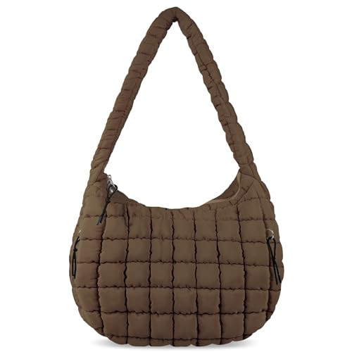 Puffer Tote Bag for Women, Large Quilted Tote Bag Puffy Crossbody Bag with Zipper, Nylon Quilted Carryall Bag Hobo Handbags Puff Purse Oversized Padding Shoulder Bag for Girl (Medium-Brown) | Amazon (US)