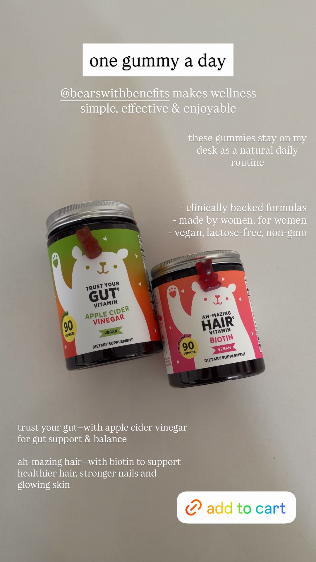 One gummy a day ✨ These gummy bear vitamins are tasty. The bottles stay on my desk as a natural daily routine to fit into my schedule for healthy hair, glowing skin and better gut balance. They’re clinically backed, made by women for women and are vegan, lactose-free and non-gmo. 

I have the 90 day supply. Try it now on sale with code: SPRING20

Vitamins, Bears with Benefits, gummy bear vitamins, women’s health, The Stylizt 



#LTKmorningroutine #LTKBeauty #LTKSaleAlert
