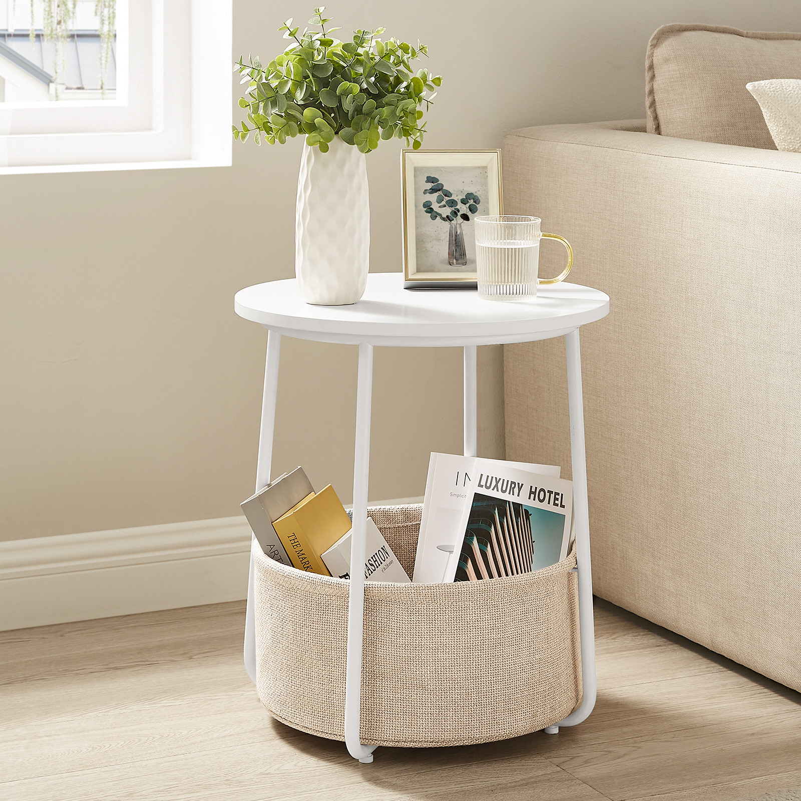VASAGLE Round End Side Table with Fabric Storage Basket Bedside Table Nightstand for Living Room ... | Walmart (US)