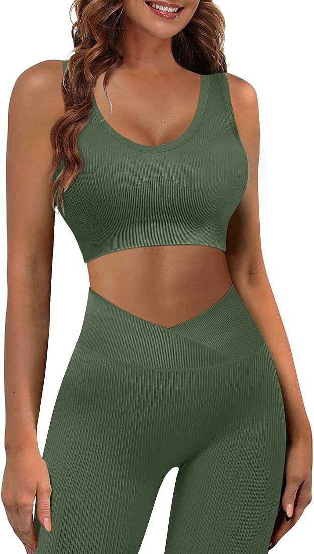 JZC Workout Outfits for Women 2 Piece Ribbed Seamless Yoga Leggings Exercise Sets | Amazon (US)