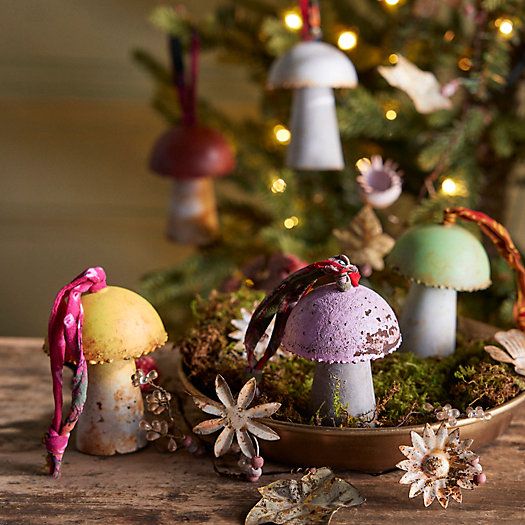 Colorful Mushroom Ornament with Sari Ribbon Hanger | Terrain