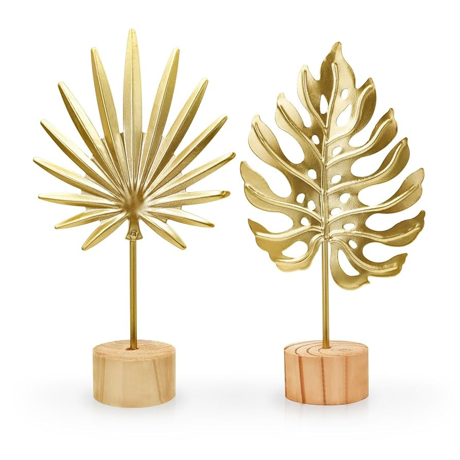 2PCS Mini Gold Leaf Sculpture Ornament, 7.5 in Metal Gold Palm Leaves Decor for Desk, Sideboards,... | Amazon (US)