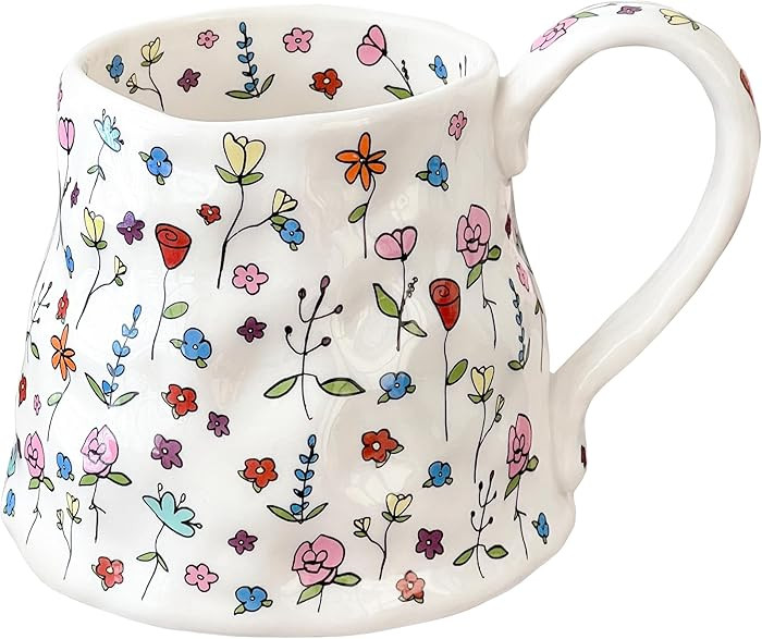 Large Ceramic Coffee Mug Cute Flower with Handmade Big Handle, 20oz Girly Pink Floral Tea Cup for... | Amazon (US)