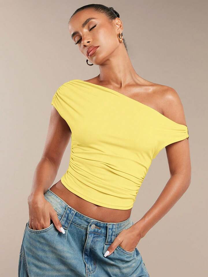 SHEIN BAE Women's Plain Color Ruched Asymmetrical Asymmetrical Neck Summer Top | SHEIN