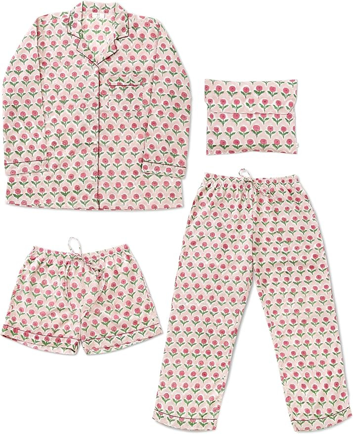 Huar Women Pajama Set, 4 pcs Button Down Vacation Beach Cotton Set, Lounge wear PJ Set For Birthd... | Amazon (US)