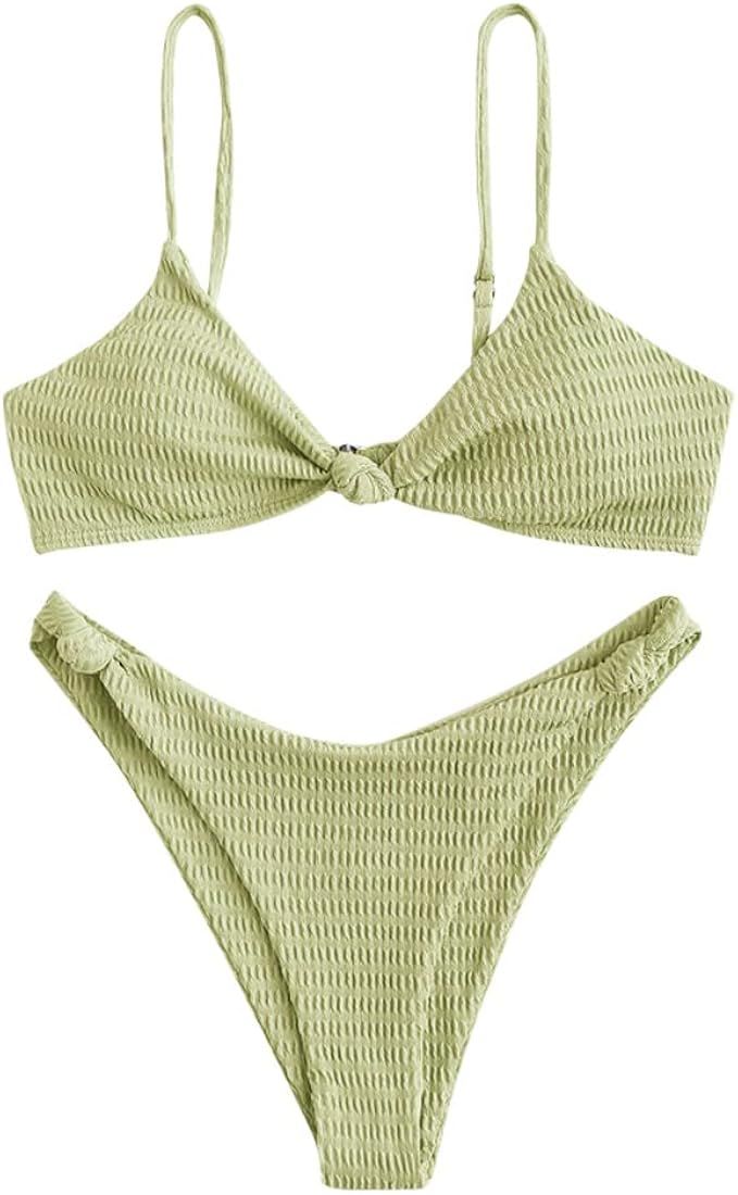 ZAFUL Bikini Set for Women Solid V Neck Knot Front Push Up High Leg Thong Two Piece Swimsuit | Amazon (US)