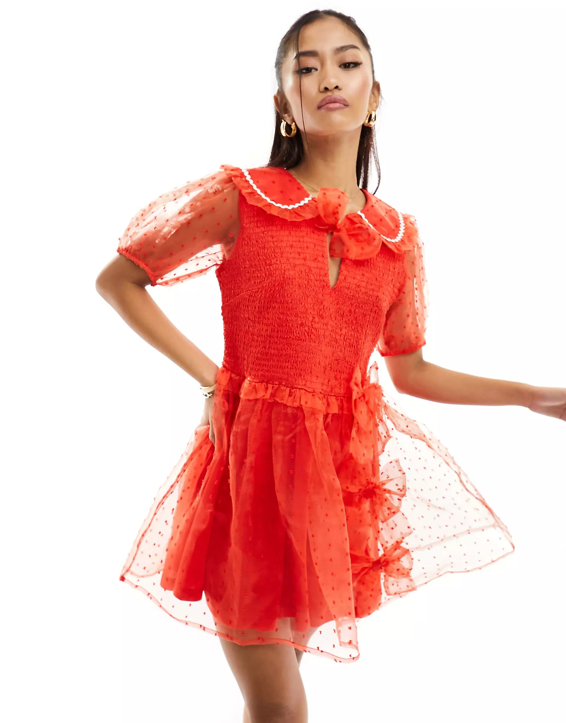 Neon Rose shirred bust dobby tulle mini dress in red | ASOS (Global)