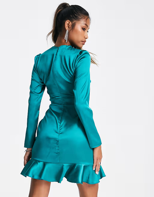 Flounce London satin long sleeve wrap mini dress in emerald green | ASOS (Global)