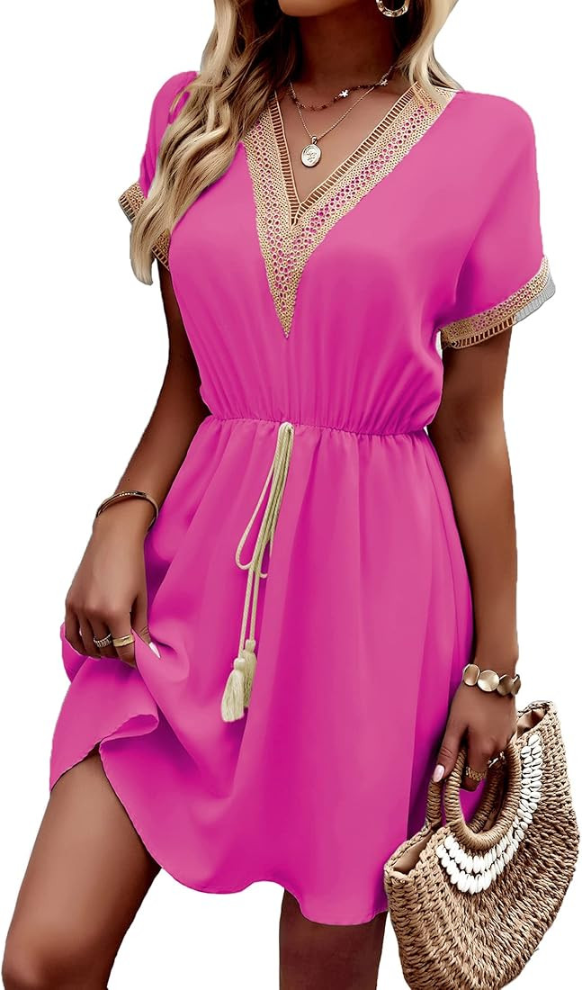 PRETTYGARDEN Women's Casual Summer Dresses Trimmed Short Sleeve V Neck Tie Front Flowy Dress | Amazon (US)