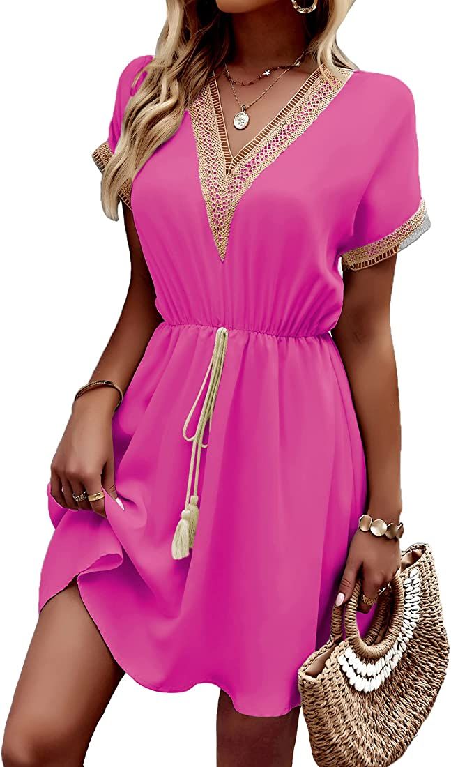 PRETTYGARDEN Women's Casual Summer Dresses Trimmed Short Sleeve V Neck Tie Front Flowy Dress | Amazon (US)