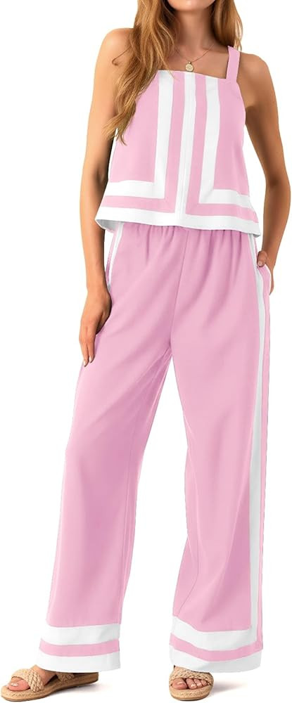 Tankaneo Womens 2 Piece Lounge Set Summer Casual Color Block Cami Top Wide Leg Pants Set Beach Va... | Amazon (US)
