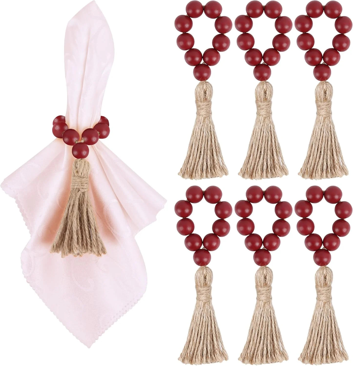 6 Pieces Wooden Bead Napkin Rings, Farmhouse Stretchable Napkin Rings with Tassel Boho Napkin Rings for Dining Table,Wedding Decoration - Walmart.com | Walmart (US)