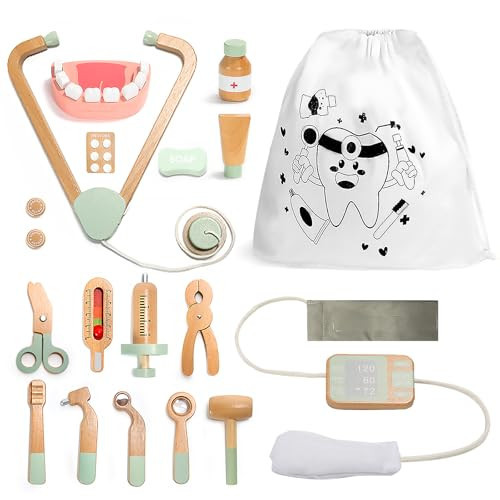 Wooden Doctor Kit for Kids, 19Pcs Pretend Play Dentist Toddlers Doctor Medical Toy Set with Stethoscope Syringe Thermometer Tooth Model and Carry Bag Montessori Role Play Gift for Boys Girls Ages 3+ | Amazon (US)