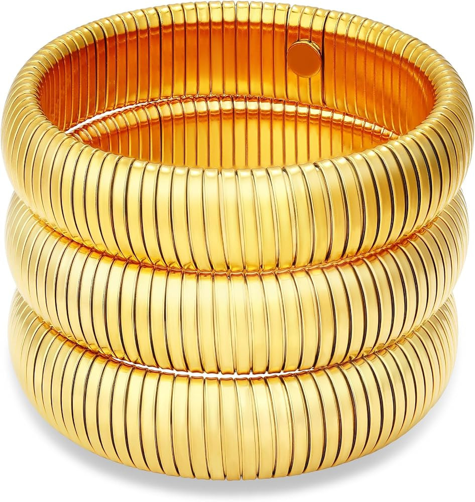 Chunky Gold Bangle Bracelet Set Stack for Women Men Stretchy Snake Link Chain Flexible Wide Wrist... | Amazon (US)