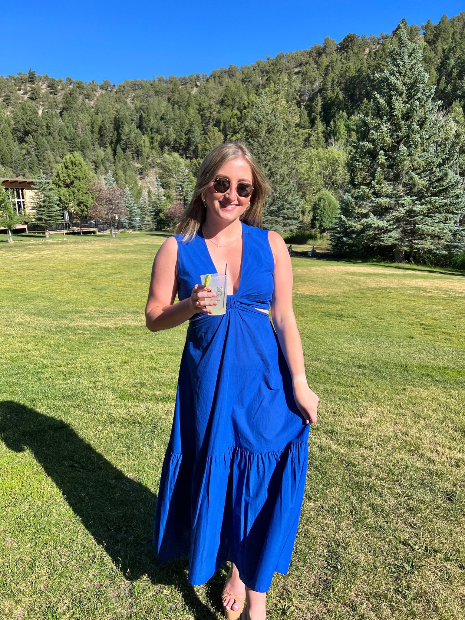 Wedding guest outfit, wedding guest dress, wedding guest style, maxi dress, bottega Veneta earrings, drop earrings, gold jewelry, ray bans, ray ban sunglasses, blue dress, summer wedding, platform sandals, platform heels, schutz shoes

#LTKunder50 #LTKshoecrush #LTKunder100