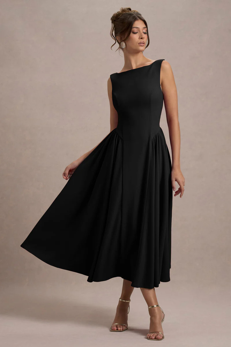 Muriel | Black Boat-Neck Volume-Hem Midi Dress | Club L London