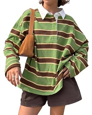 Tankaneo Womens Oversized Striped Long Sleeve Polo Shirts Fall Tops 2026 | Amazon (US)