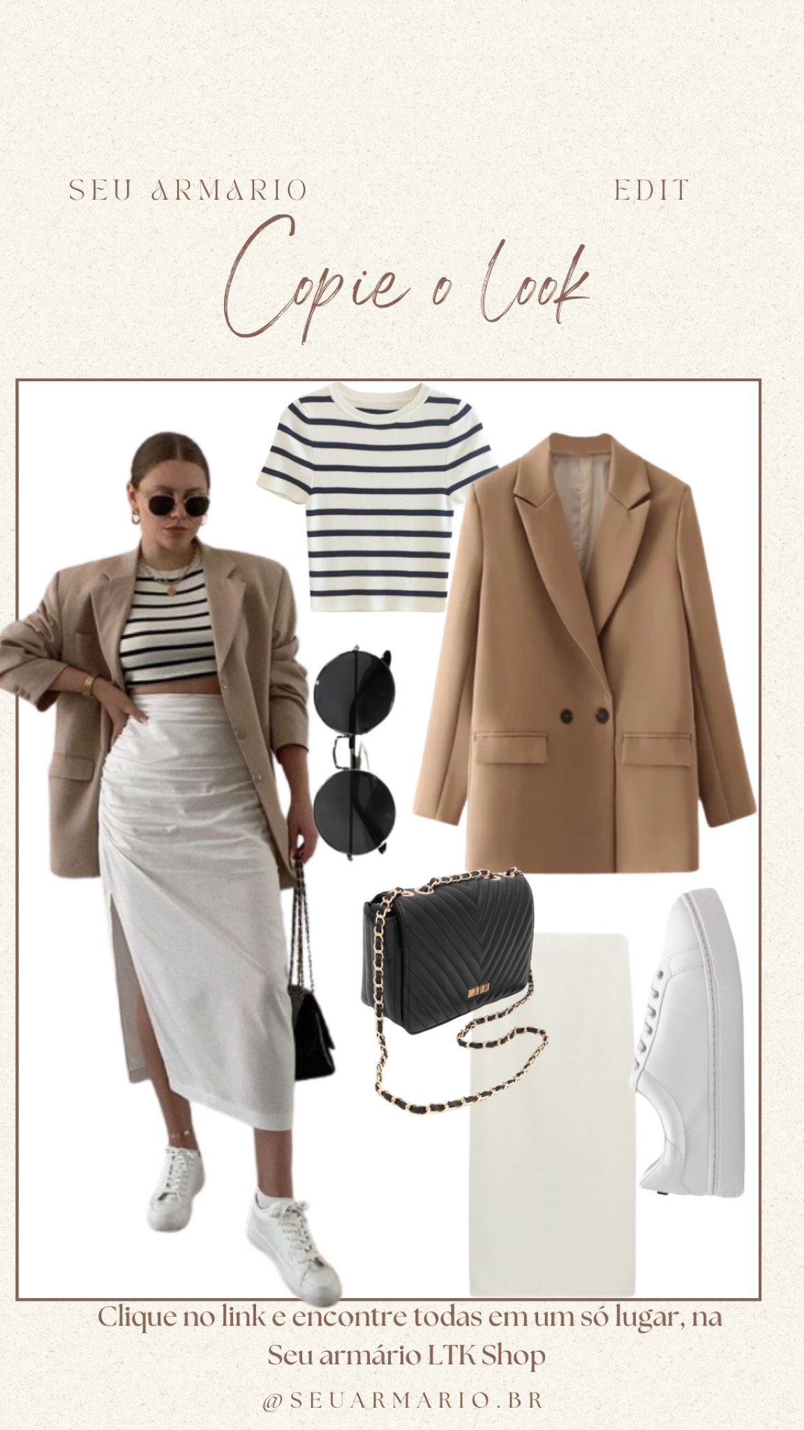 Copie o look ✨
Cropped listrado, blazer caqui, saia branca, bolsa preta ,tênis branco e óculos preto

#LTKHolidaySale #LTKSeasonal #LTKbrasil