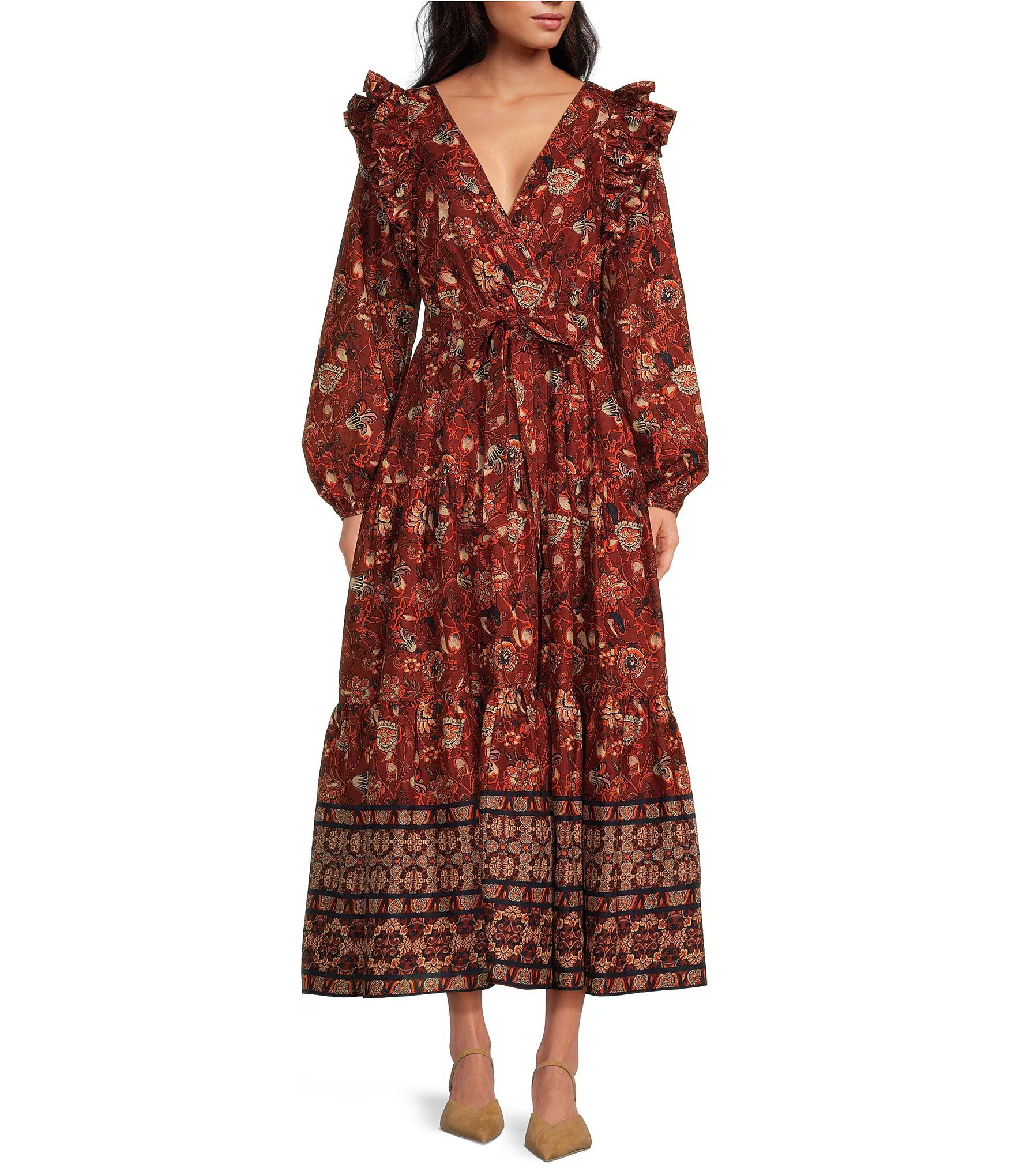 Floral Woven Surplice V-Neck Tiered Ruffle Shoulder Long Balloon Sleeve Tie Waist A-Line Dress | Dillard's