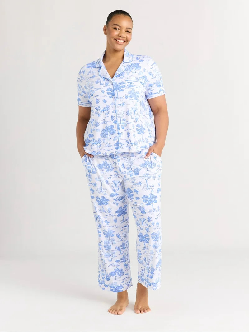 Joyspun Women's Dreamy Soft Collection Notch Collar Short Sleeve Knit Top & Capri Pajama Set, 2-P... | Walmart (US)