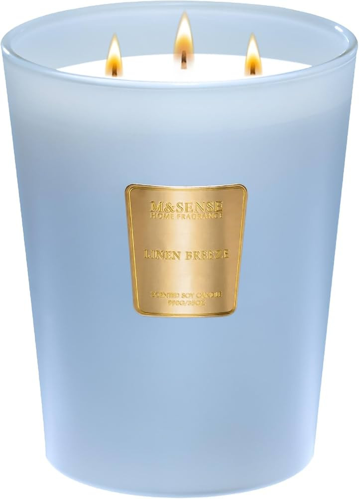 M&SENSE Large Soy Candle Linen Breeze Scented 35oz 150H Burn Time, 3-Wick Natural Aromatherapy Ca... | Amazon (US)