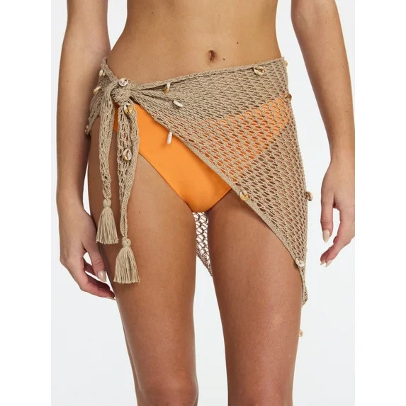 No Boundaries Fishnet Pareo with Faux Shells, One Size, Oxford Tan, Women's | Walmart (US)
