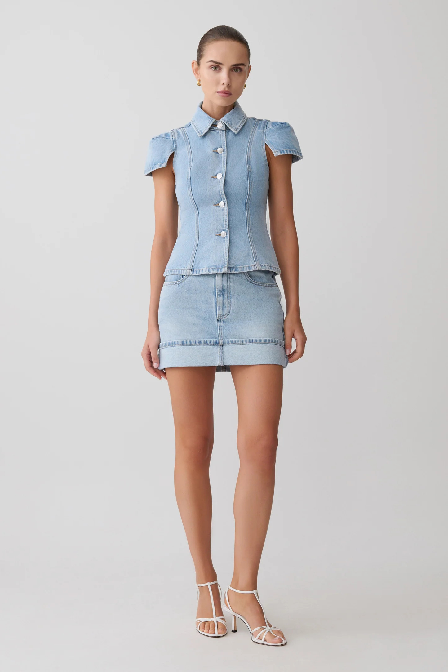 Short Sleeve Denim Top - Washed Light Blue | MESHKI US