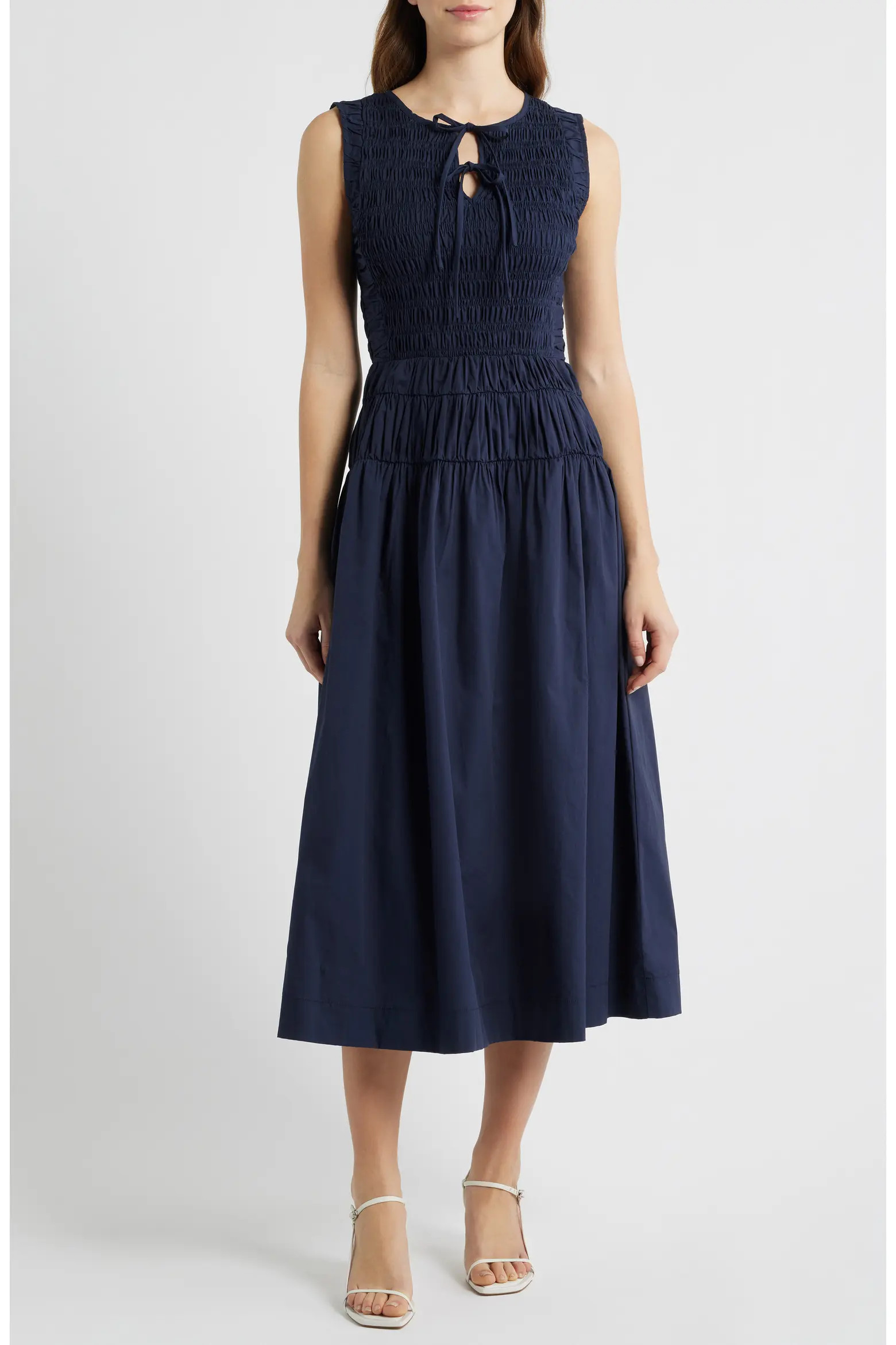 Tie Front Smock Waist Midi Dress (Women) | Nordstrom | Nordstrom