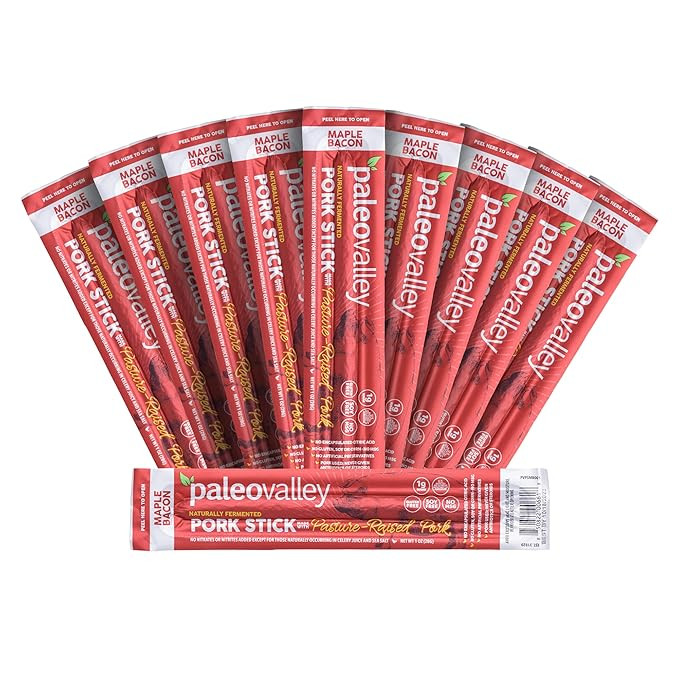 Paleovalley Pasture-Raised Pork Sticks - Maple Bacon Flavor Meat Sticks Individually Wrapped, 28g... | Amazon (US)