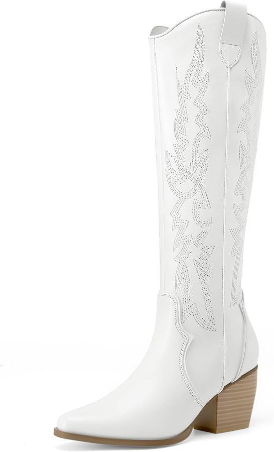 DREAM PAIRS Womens Cowboy Boots Wide Calf Comfortable Pull On Zipper Chunky Heel Pointed Toe Embr... | Amazon (US)
