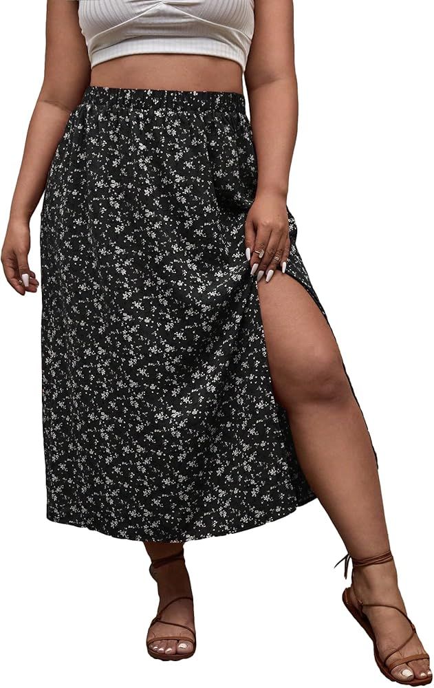 Women's Plus Size Floral Print Skirt Split Thigh Boho Long Skirt | Amazon (US)