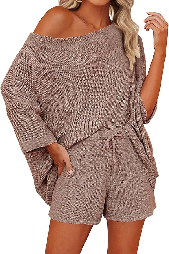 Mafulus Women's 2 Piece Outfits Sweater Sets Off Shoulder Knit Top Shorts Matching Suits Cute Paj... | Amazon (US)
