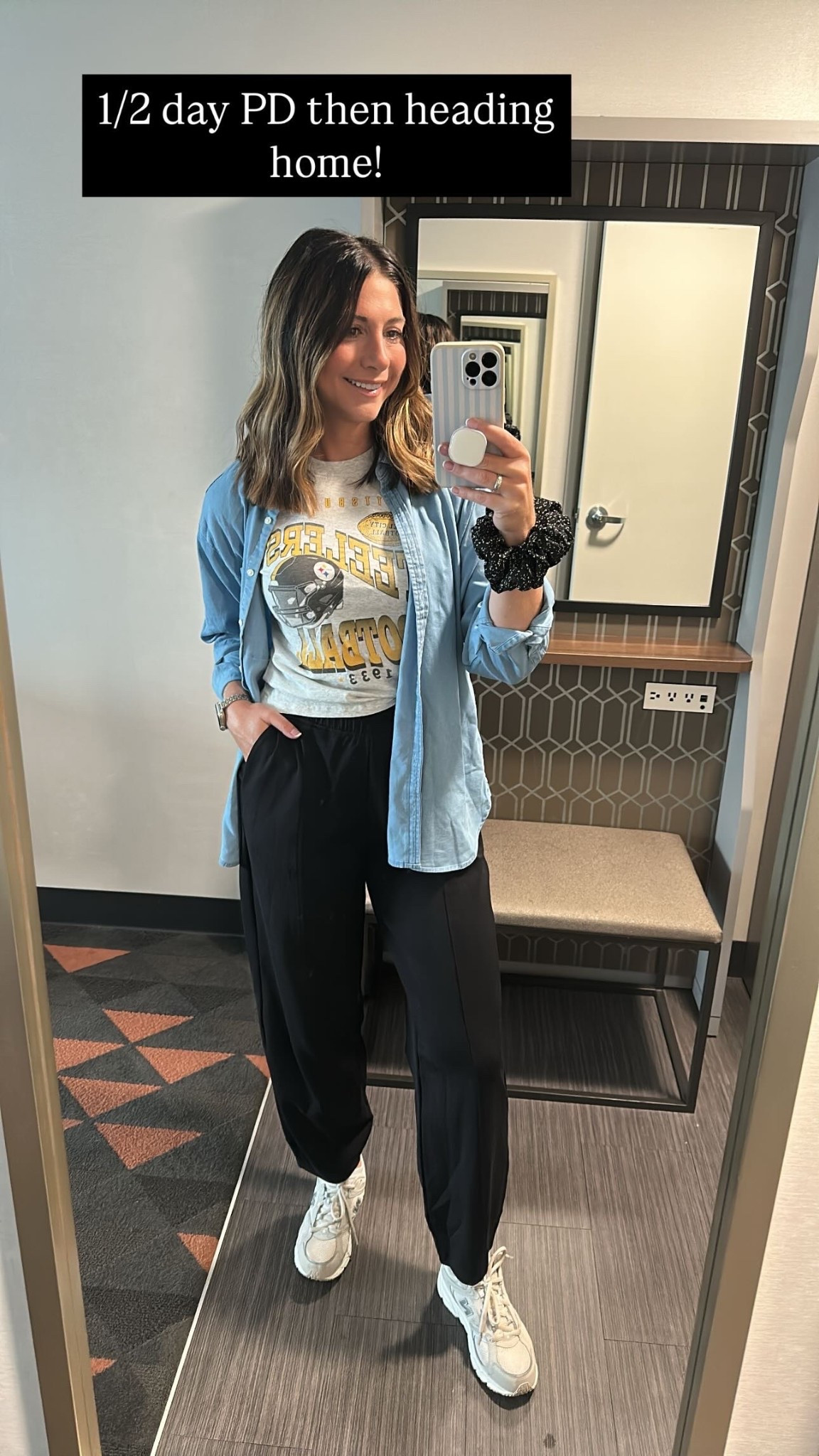 Old navy barrel pull on black pants/sweatpants - size small tall // American Eagle Steelers tee - size small // new balance sneakers - tts // denim top is loft from Gabe’s // scrunchies Amazon 

#LTKStyleTip #LTKFindsUnder100 #LTKSaleAlert