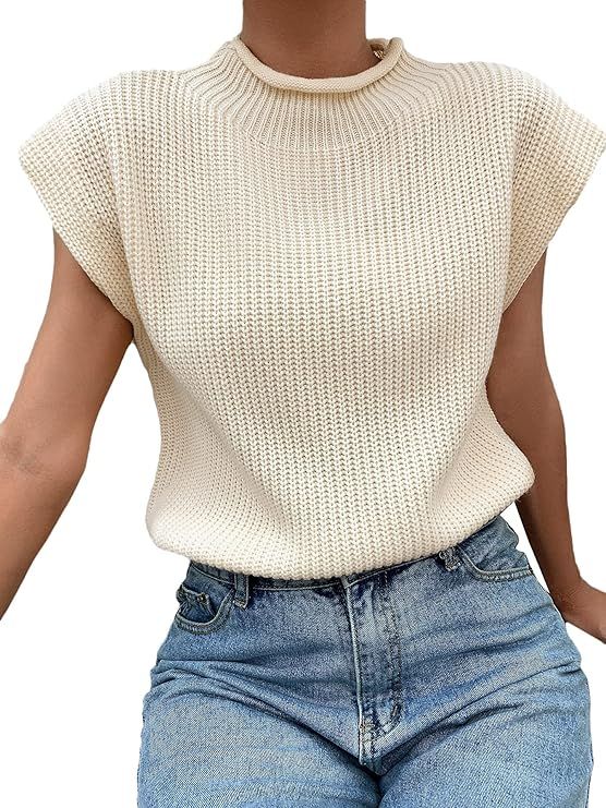 SheIn Women's Mock Neck Short Cap Sleeve Sweater Vest Casual Solid Pullover Top Solid Apricot Sma... | Amazon (US)