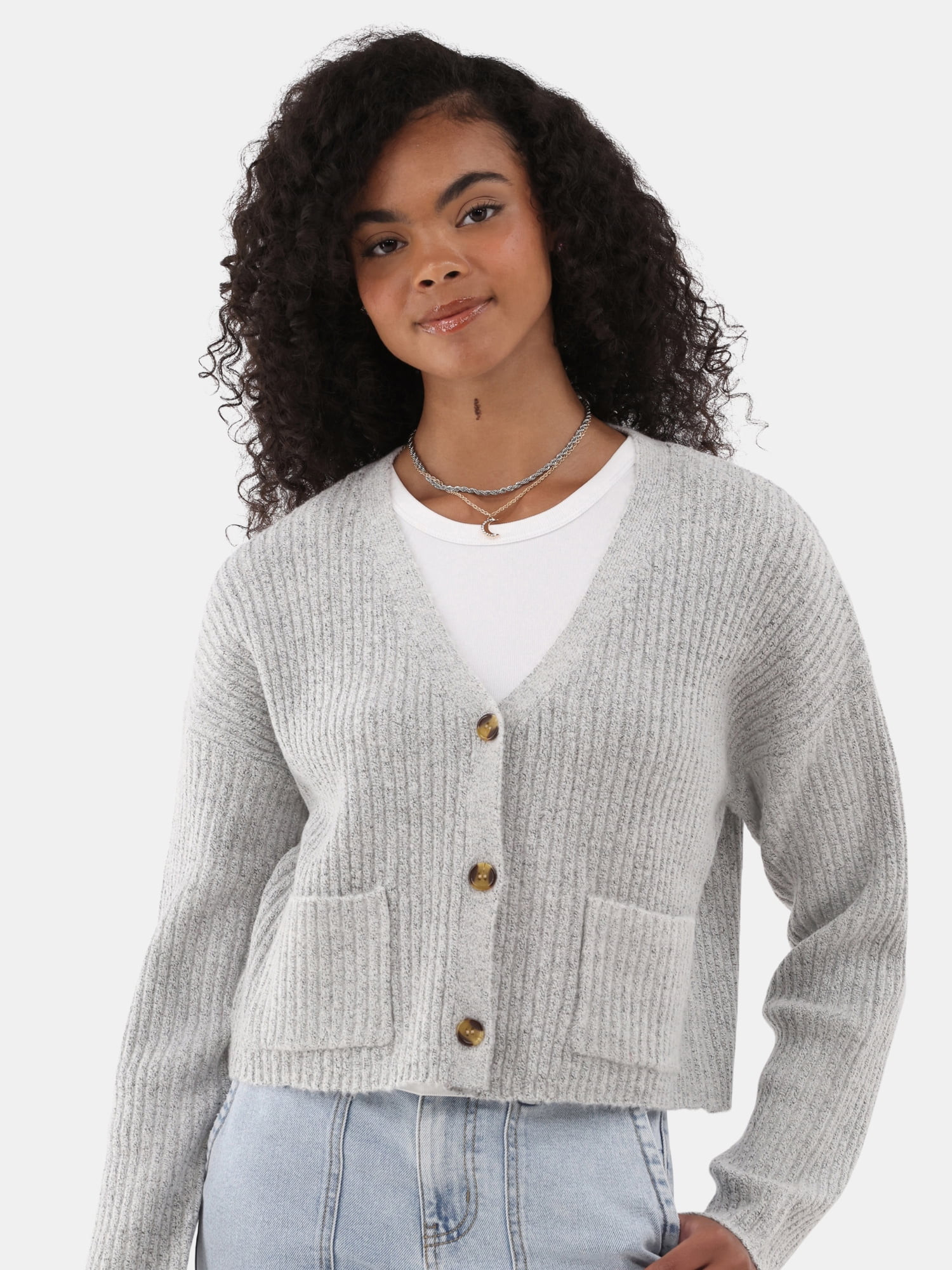 No Boundaries Button Front Ribbed Cardigan Sweater, Midweight, Women’s | Walmart (US)
