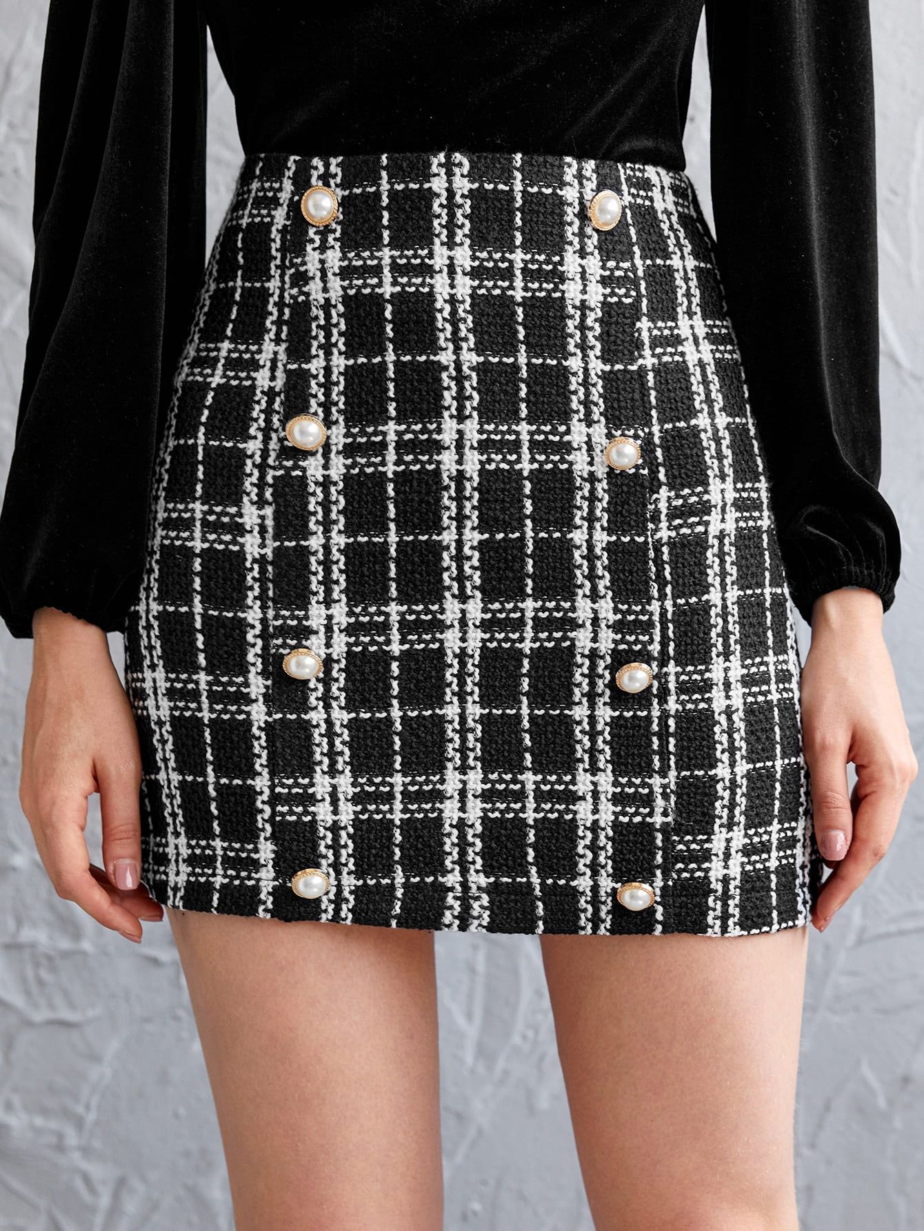 Women's Double Button Plaid Tweed Skirt 66313W11112 - Walmart.com | Walmart (US)