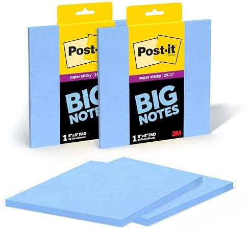 Post-it Super Sticky Big Notes, 8 in. x 8 in., Extra Large Sticky Notes Washed Denim, 2 Pads, 60 ... | Amazon (US)