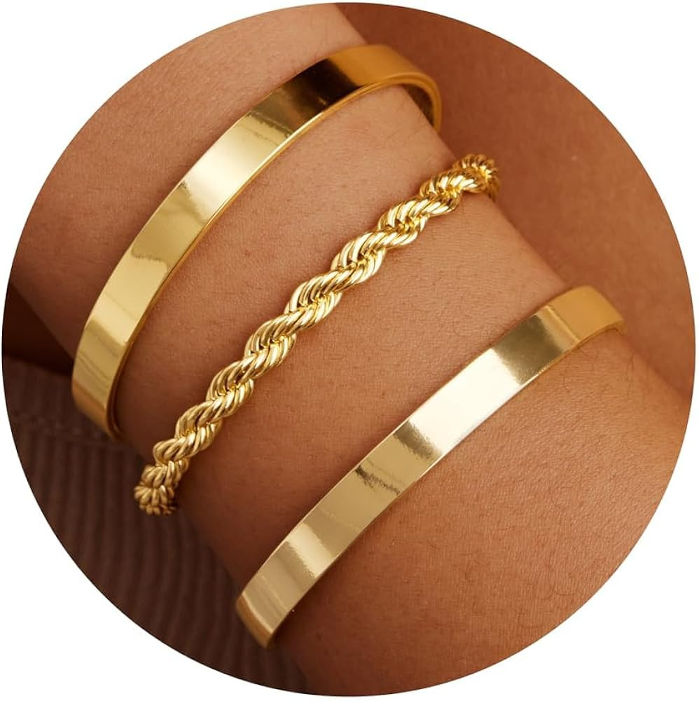 Gold Bracelets for Women Non Tarnish Dainty 14K Real Gold Plated Bangle Cuff Bracelets Stack for ... | Amazon (US)