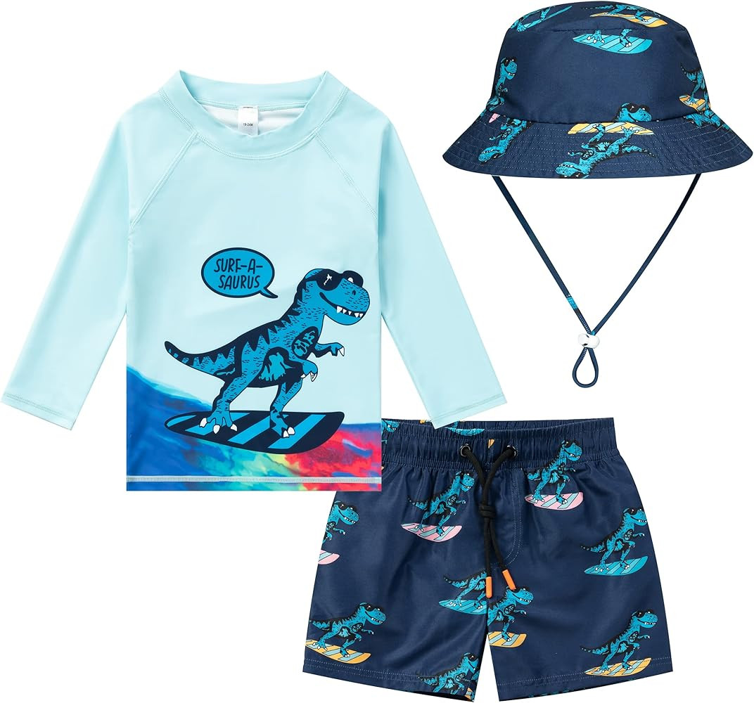 Toddlers and Baby Boys' 3-Piece Swimsuit Trunk Rashguard Set and Sun Hat Swimwear Bathing Suit Su... | Amazon (US)