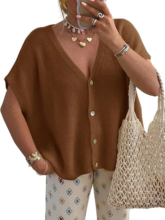Saodimallsu Womens Fall Oversized Cardigans Batwing Short Sleeve Lightweight Button V Neck Casual... | Amazon (US)
