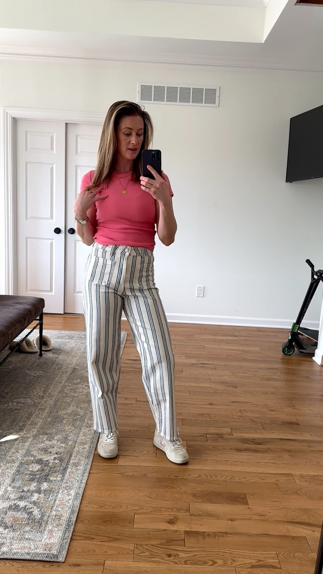 Adding FUN to my closet for spring!! These jeans fit so good you’d never guess they’re only $30 😱 linked other patterns and washes. 
And yes that’s a scooter in my bedroom (mom keep bin IYKYK) 

#LTKmomlife #LTKdayinmylife #LTKSeasonal