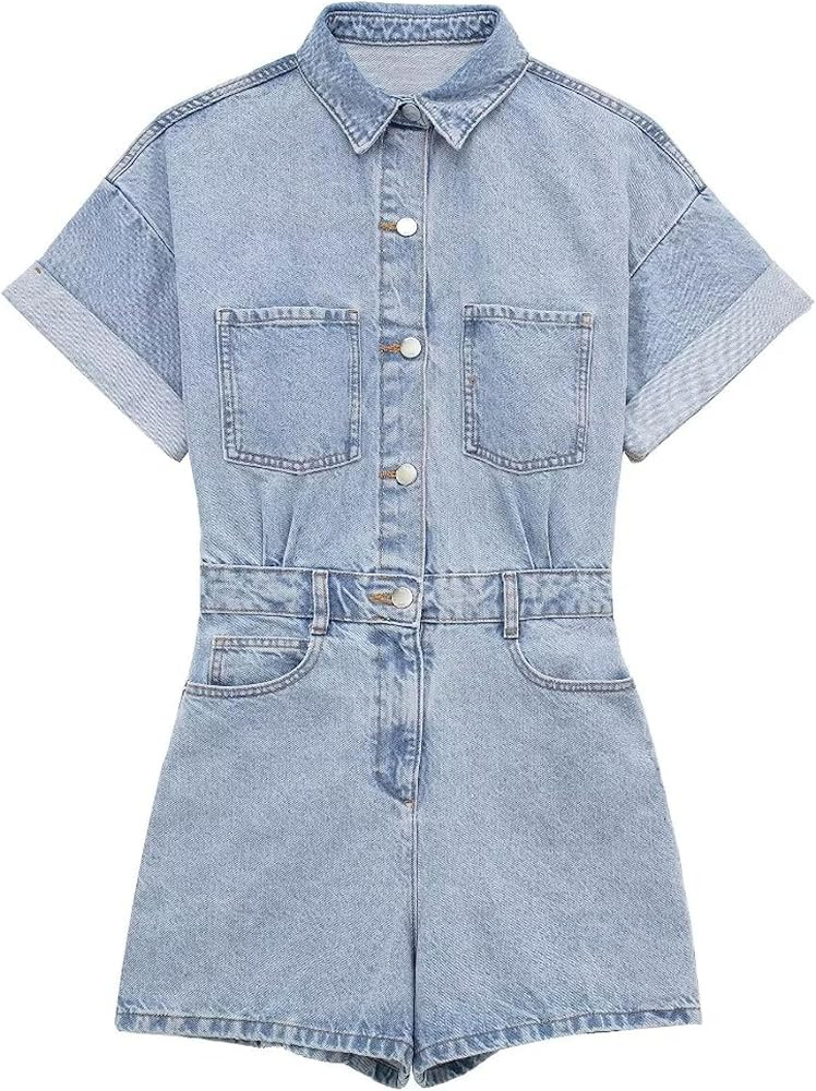Esmeling Womens Short Sleeve Denim Rompers Shorts Button Up Cropped Jean Jumpsuits Outfit(0661-Bl... | Amazon (US)