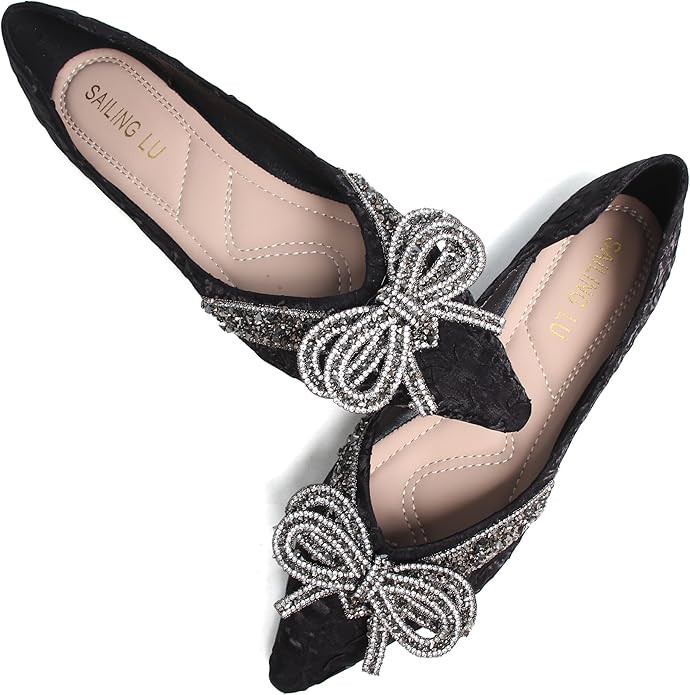 SAILING LU Bow-Knot Ballet Flats for Women Pointed Toe Crystals Wedding Shoes Comfort Light Weigh... | Amazon (US)