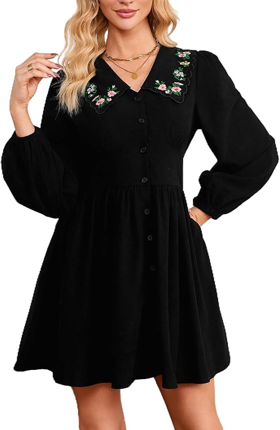 Womens Corduroy Mini Dress Long Sleeve Button Down Lapel Collar Floral Embroidered V Neck Tunic D... | Amazon (US)