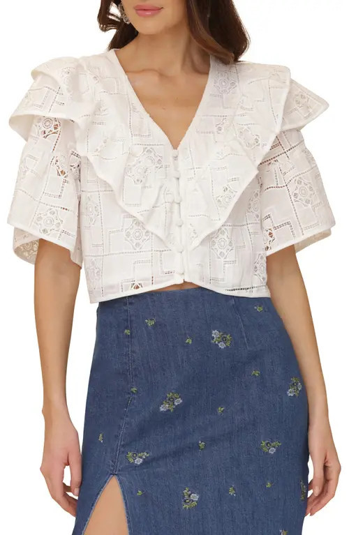 Avec Les Filles Ruffle Tiered Button-Up Crop Top in White at Nordstrom, Size Small | Nordstrom