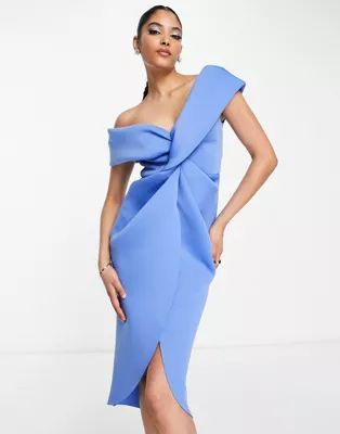 ASOS DESIGN off shoulder twist front midi dress in blue | ASOS (Global)