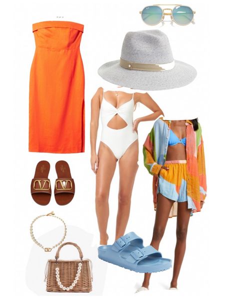 Spring break Vibes! Easy to pack weekend  getaway from the pool to date night outfits!
•orange strapless dress
•cut out one piece swimwear
• fedora hat
•sandals & slides 
• straw handbag
• matching set 

#LTKitbag #LTKshoecrush #LTKswim