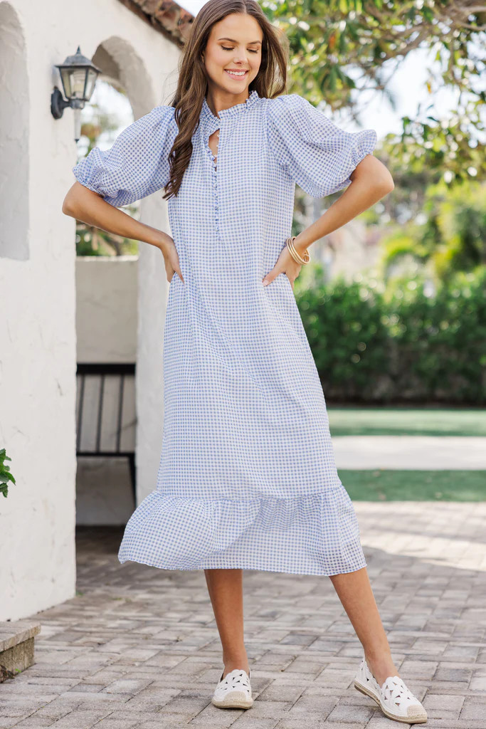 See The Light Blue Gingham Textured Midi Dress | The Mint Julep Boutique